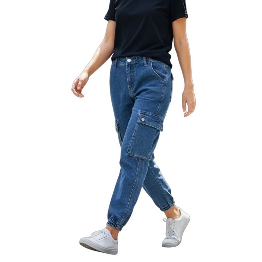 Pretty Little Thing Women's Jeans 4 Cargo Jogger High Rise Medium Wash Denim